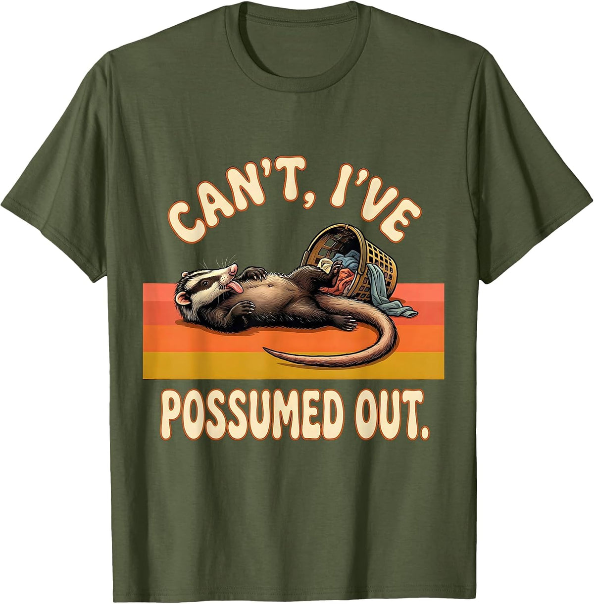 Can't I've Possumed Out Retro 70s Funny Opossum Trash Panda T-Shirt - Olive Green