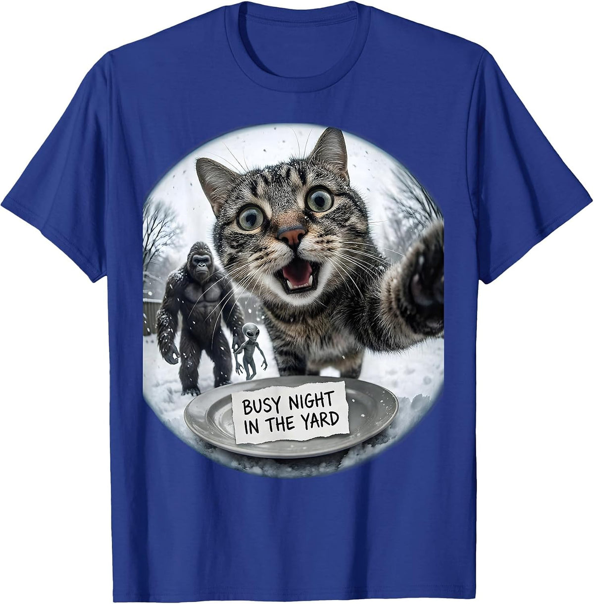 Men's Busy Night In The Yard Funny Cat Bigfoot Alien Meme Humor T-Shirt - Royal Blue