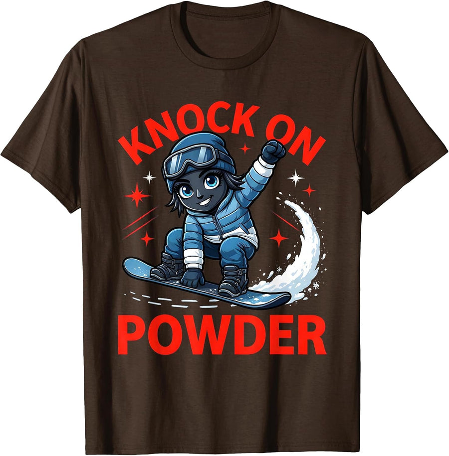 Men's KNOCK ON POWDER Funny Snowboarder Ski Lover Winter T-Shirt - Brown