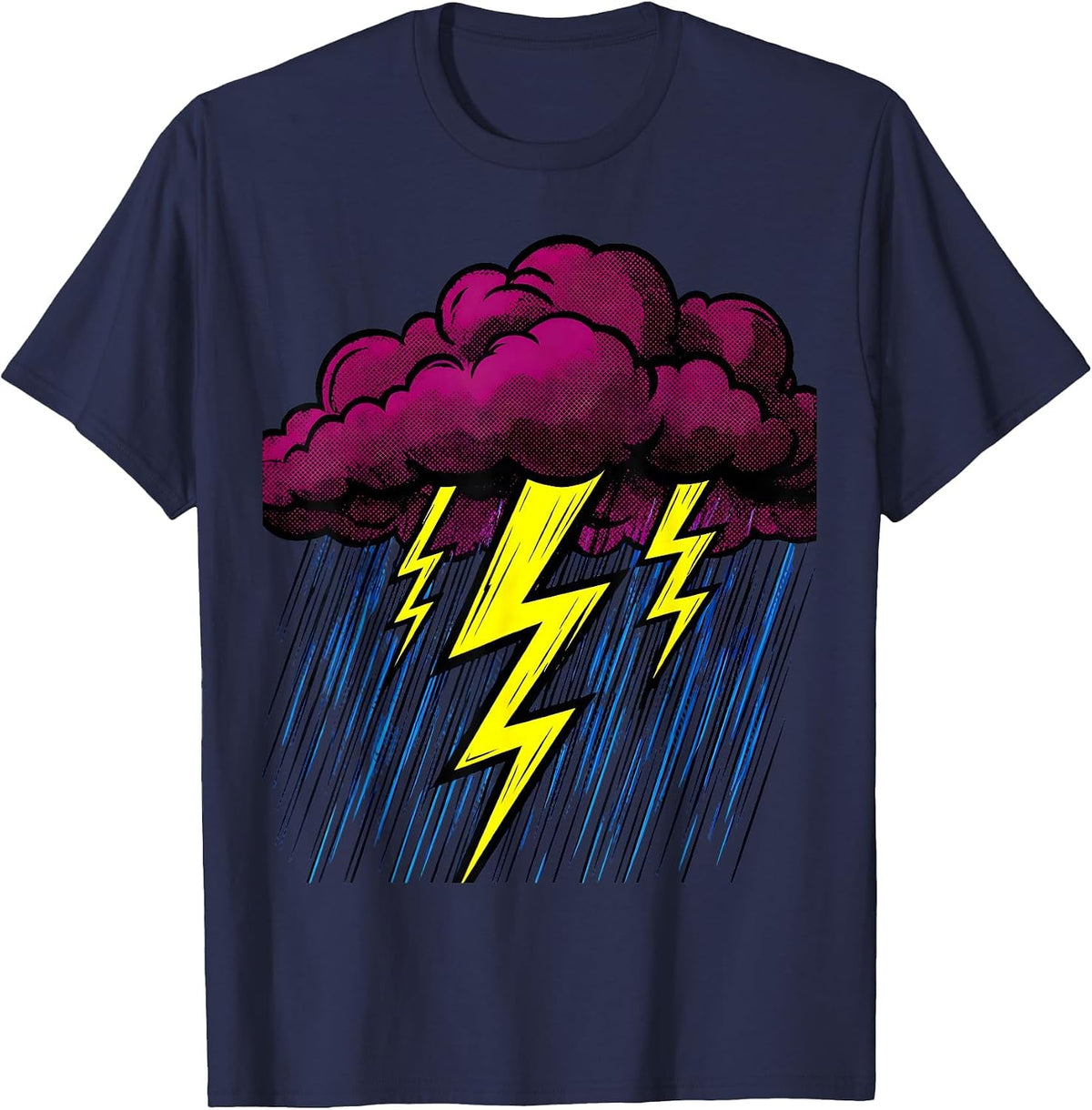 Storm Cloud Raining Lightning Bolts Graphic T-Shirt - Navy Blue