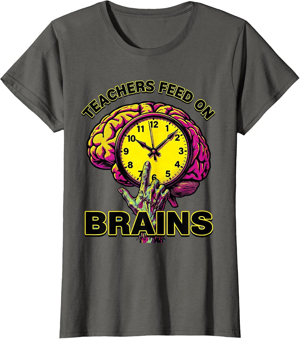 Women's Teachers Feed On Brains Pop Art Funny Halloween Teacher T-Shirt - Asphalt Grey