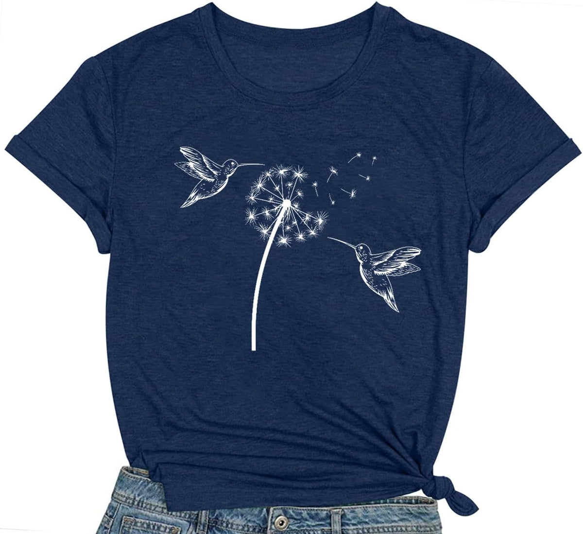 Bird Shirts for Women Dandelion Hummingbird Print Tshirt Bird Lover Birdwatching Tee Tops - Blue