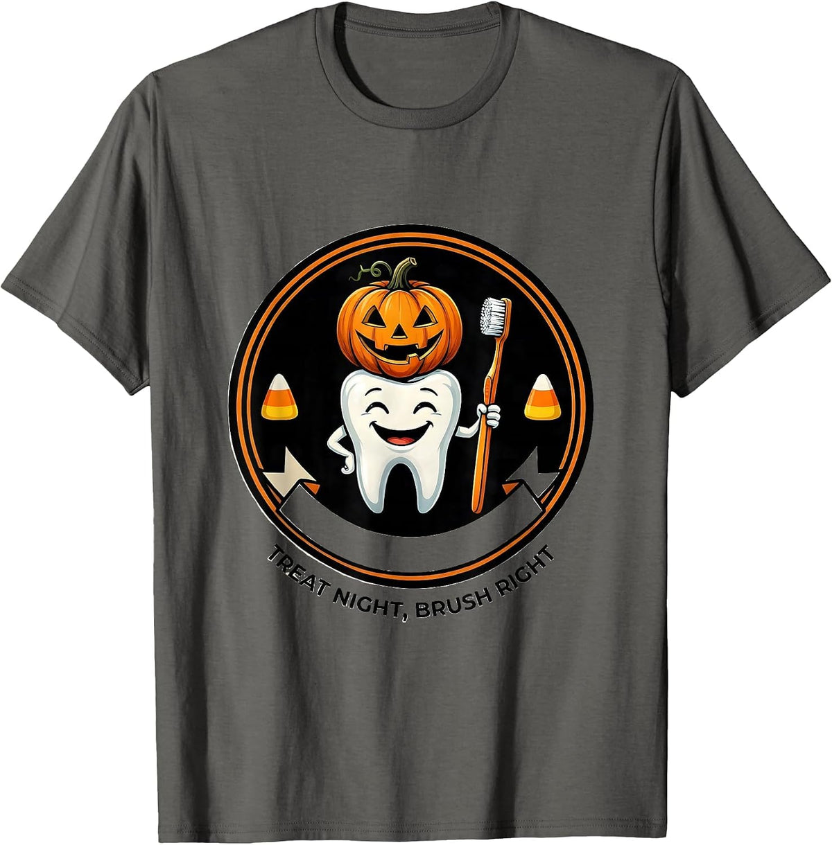 Men's Treat Night Brush Right Playful Dental Humor Halloween T-Shirt - Asphalt Grey