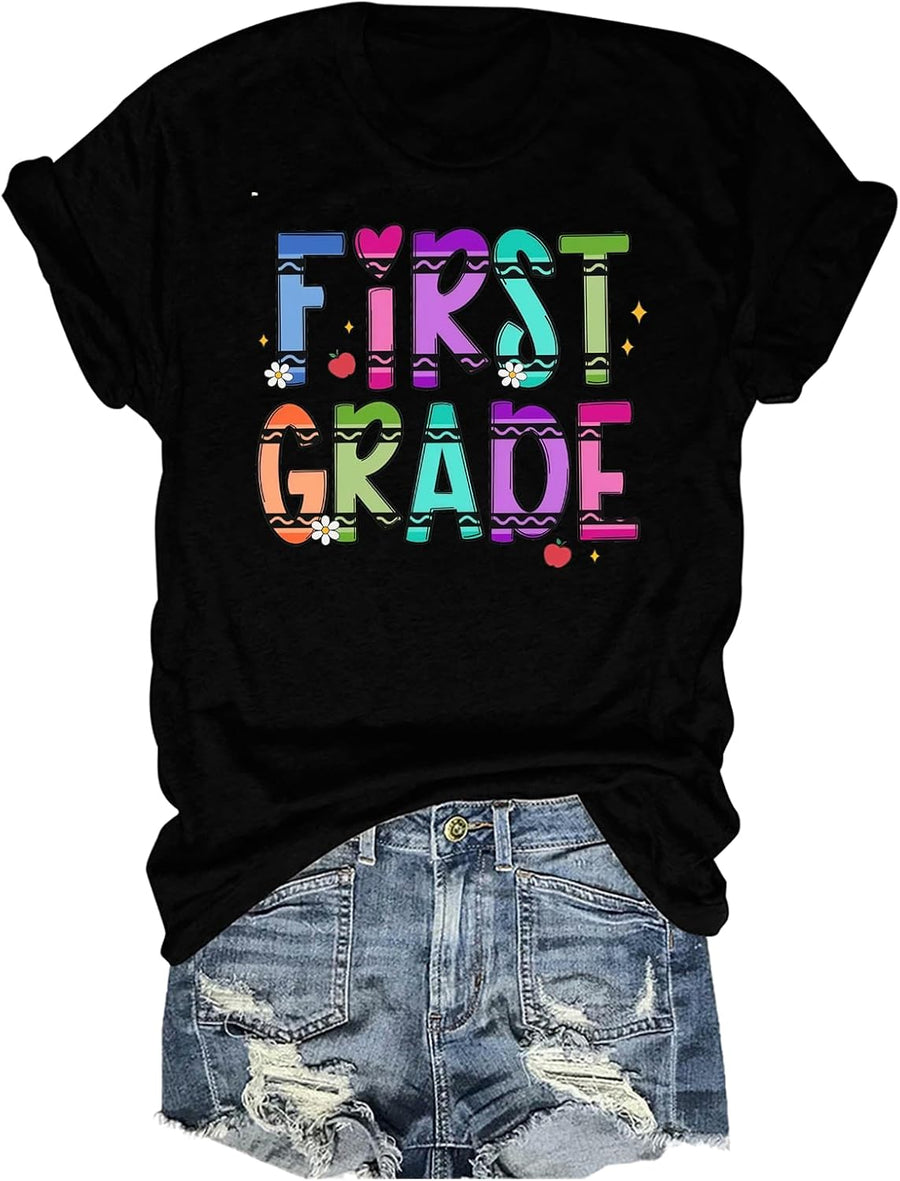 First Grade Teacher Shirt Women 1st Grade Teacher Graphic Tshirts Back to School Short Sleeve T-Shirts Tees - Black