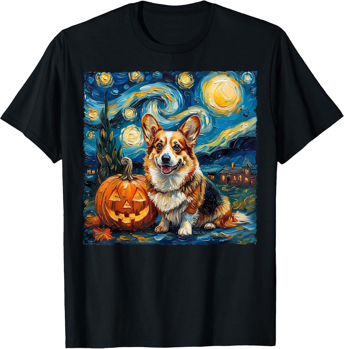 Pembroke Welsh Corgi Pumpkin Starry Night Style Halloween T-Shirt - Black