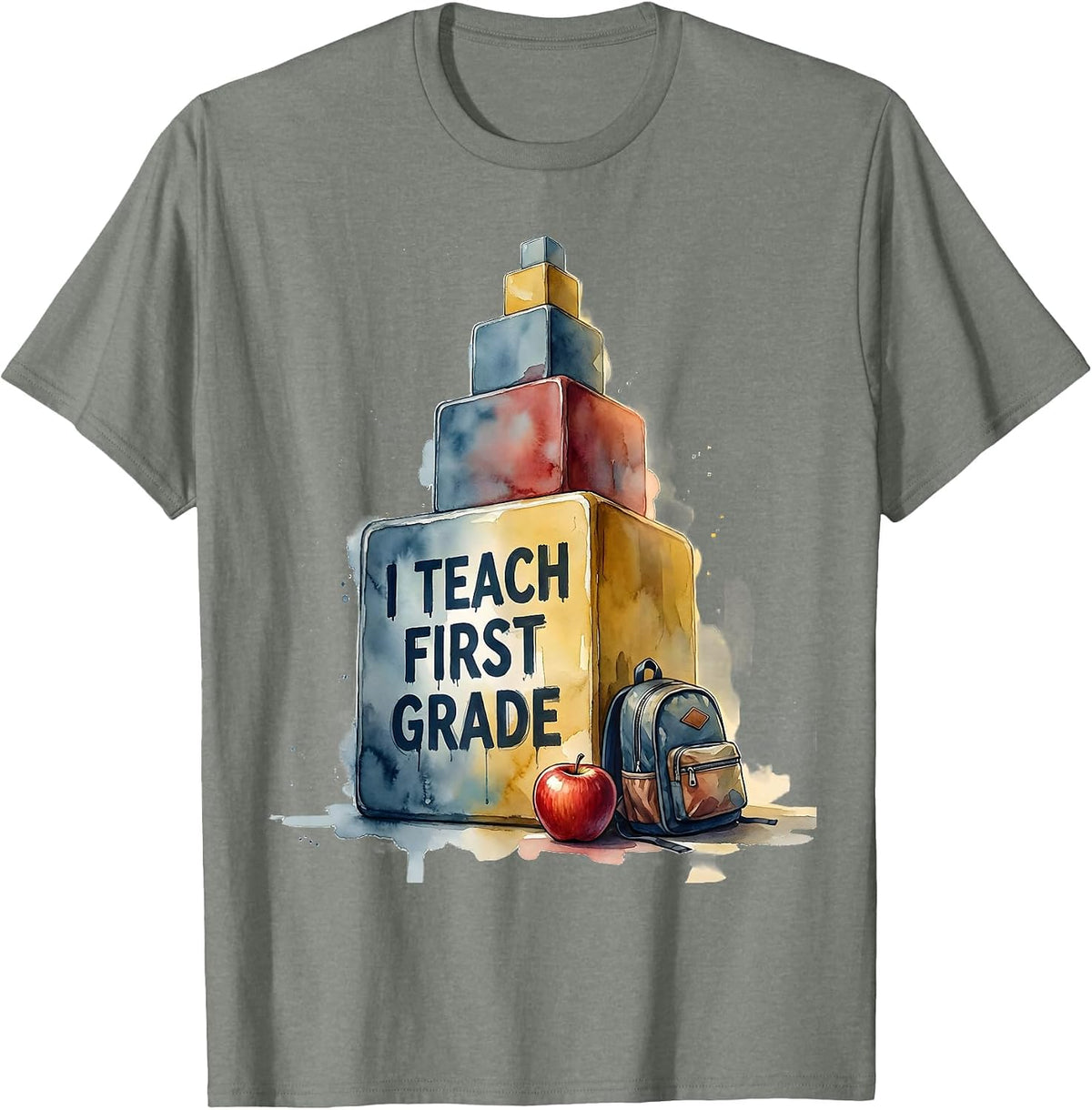 Men's I Teach First Grade Watercolor Classroom Teacher T-Shirt - Olive Heather