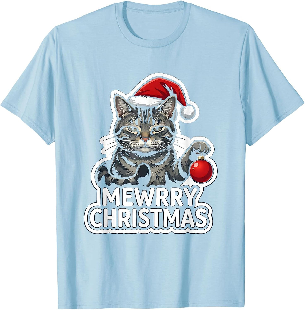 Men's Mewrry Christmas Funny Cat Lover Holiday Humor Sticker T-Shirt - Baby Blue