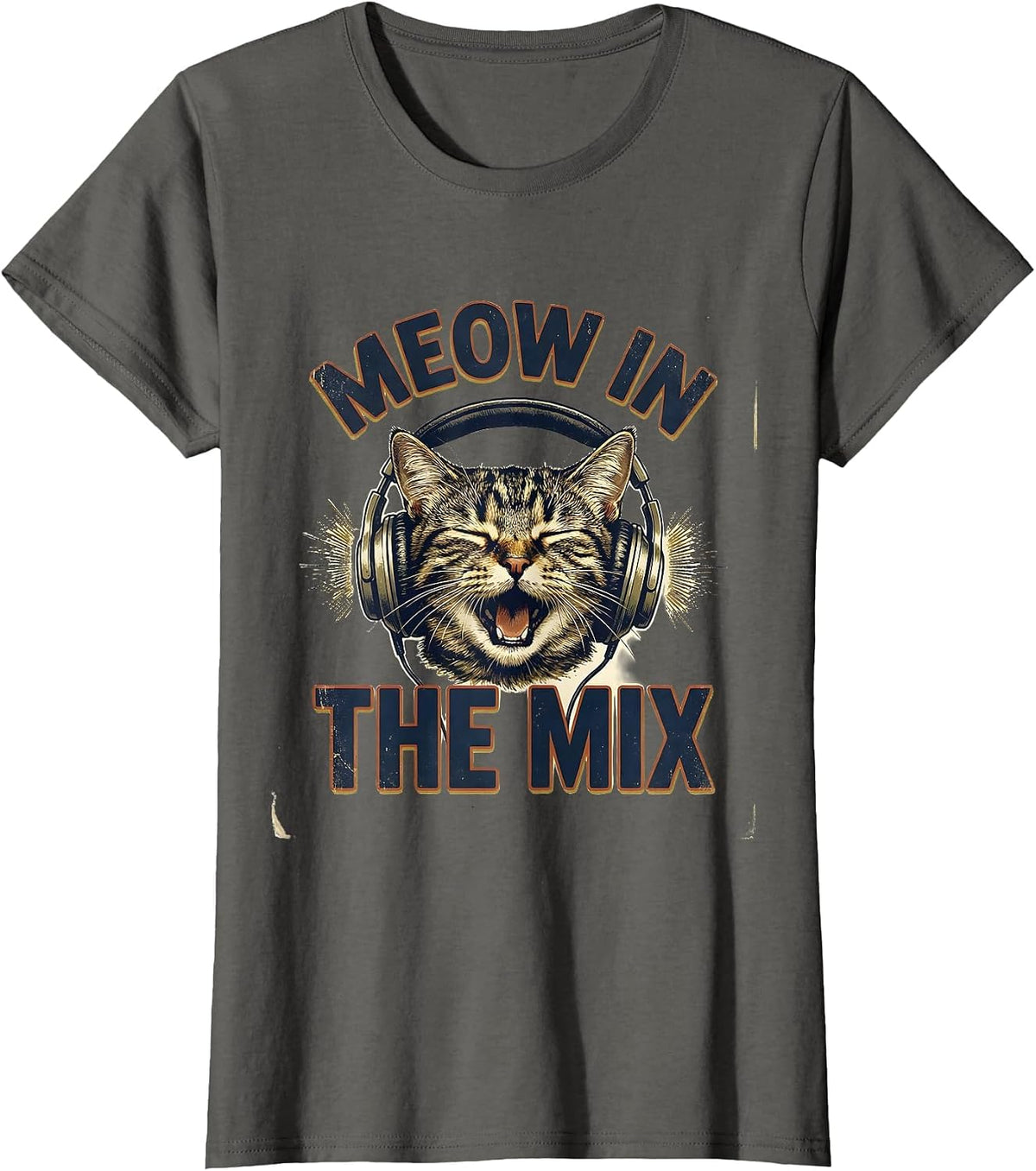 Women's Meow In The Mix Vintage Cat DJ Headphones Music Humor T-Shirt - Asphalt Grey
