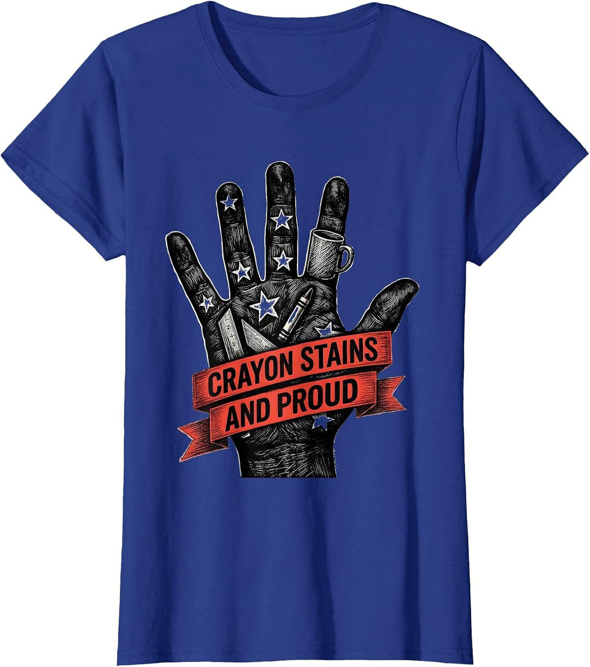 Women's Crayon Stains And Proud Kindergarten Teacher T-Shirt - Royal Blue