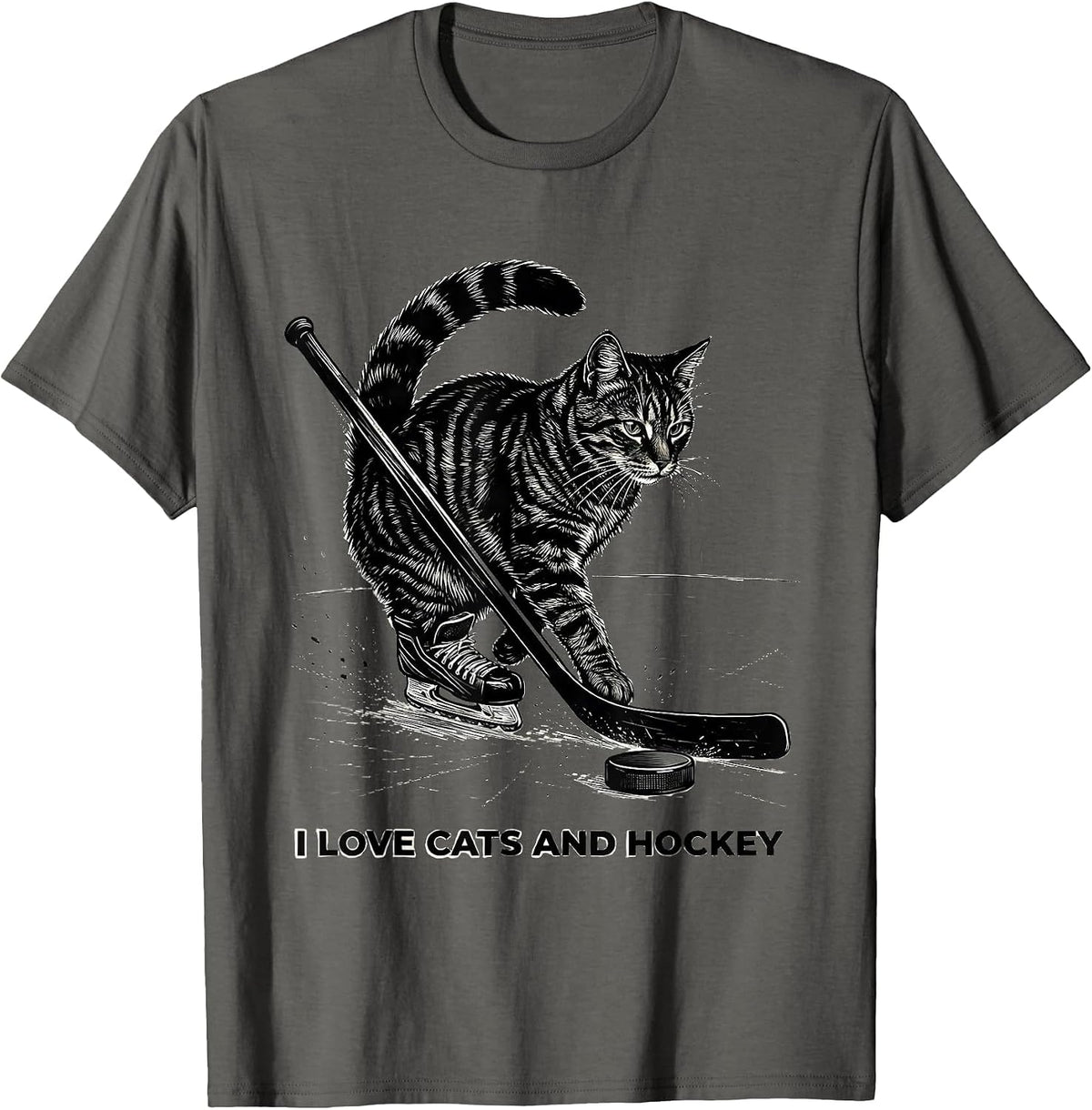 Men's I Love Cats And Hockey Funny Cat Lover Hockey Fan Novelty T-Shirt - Asphalt Grey