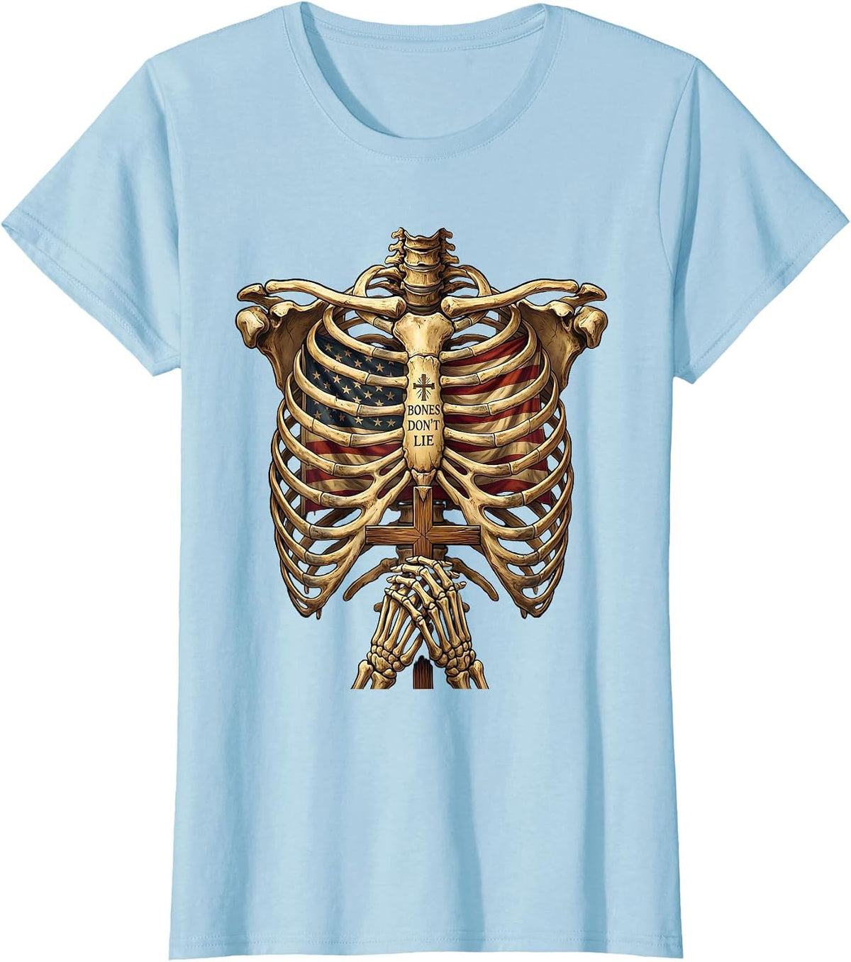 Women's Bones Don't Lie Bold Skeleton Graphic Design T-Shirt - Baby Blue