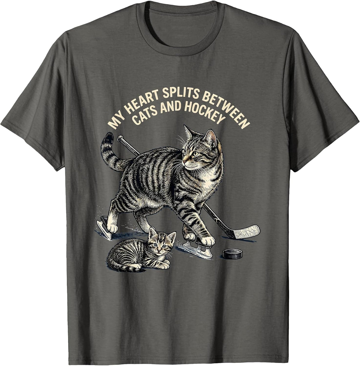 My Heart Splits Between Cats And Hockey Cat Lover T-Shirt - Asphalt Grey