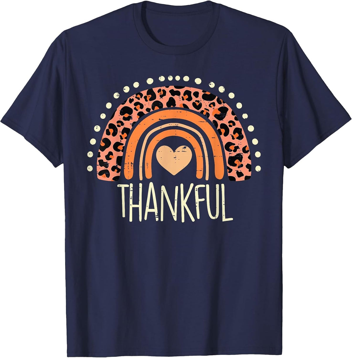 Leopard Rainbow Thankful Thanksgiving Teacher Women Kids T-Shirt - Navy Blue