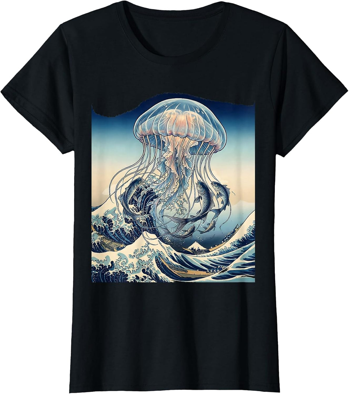 Jellyfish and Fish Ocean Tangle Graphic T-Shirt - Black