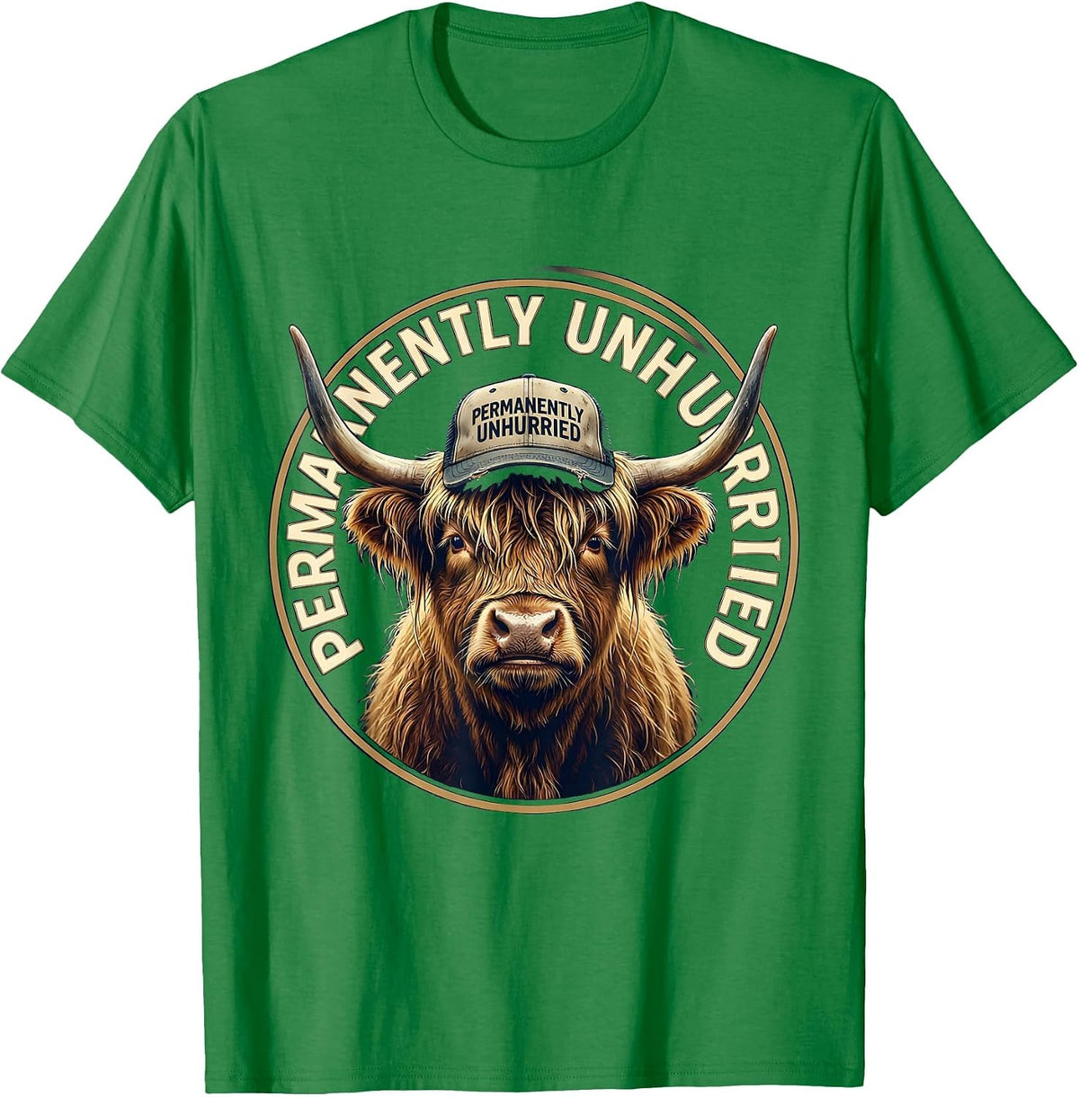 Men's Permanently Unhurried Highland Cow Humor Farm Life T-Shirt - Kelly Green