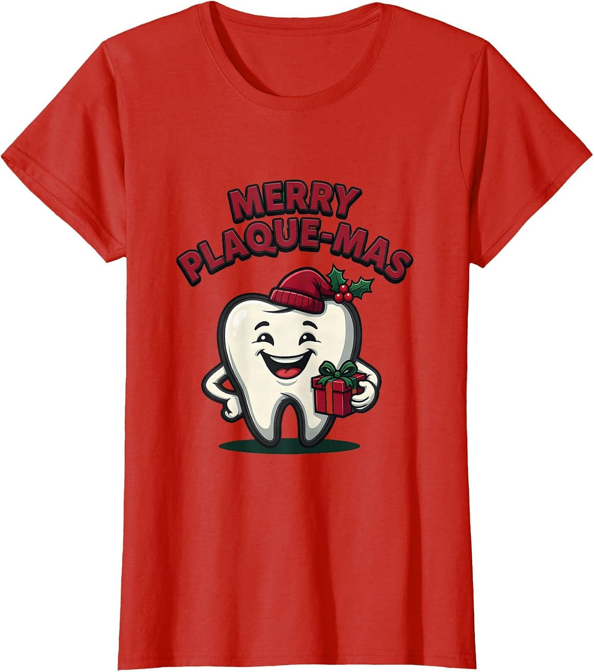 Women's Merry Plaque-Mas Funny Dental Mascot Dentist Christmas Tooth T-Shirt - Red