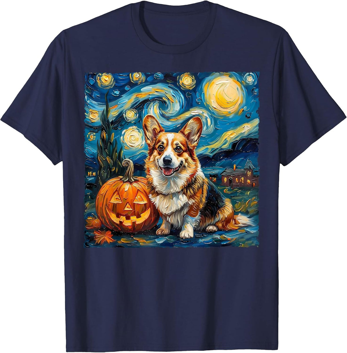 Pembroke Welsh Corgi Pumpkin Starry Night Style Halloween T-Shirt - Navy Blue