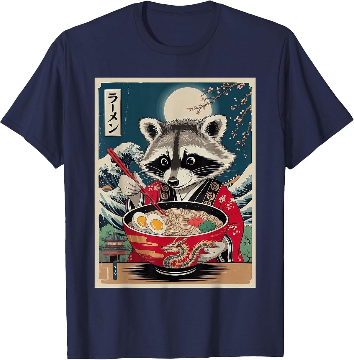 Funny Raccoon Eating Ramen Japanese Noodles Racoon Anime T-Shirt - Navy Blue