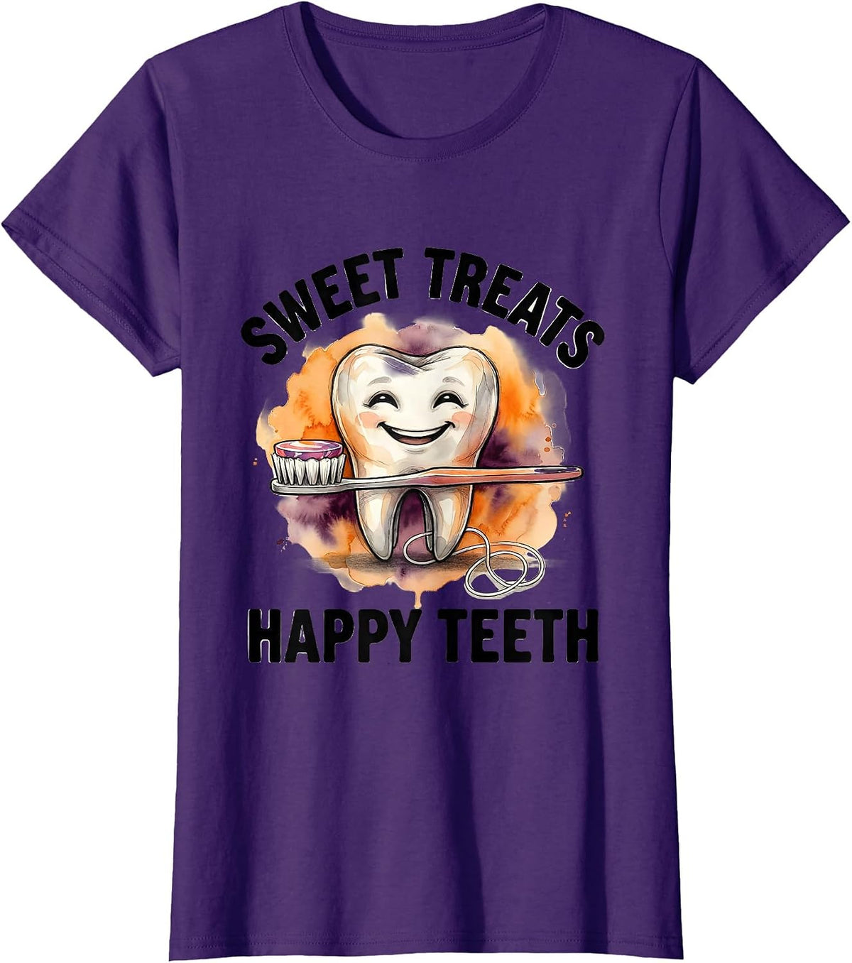 Women's Sweet Treats Happy Teeth Watercolor Dental Humor Halloween T-Shirt - Purple
