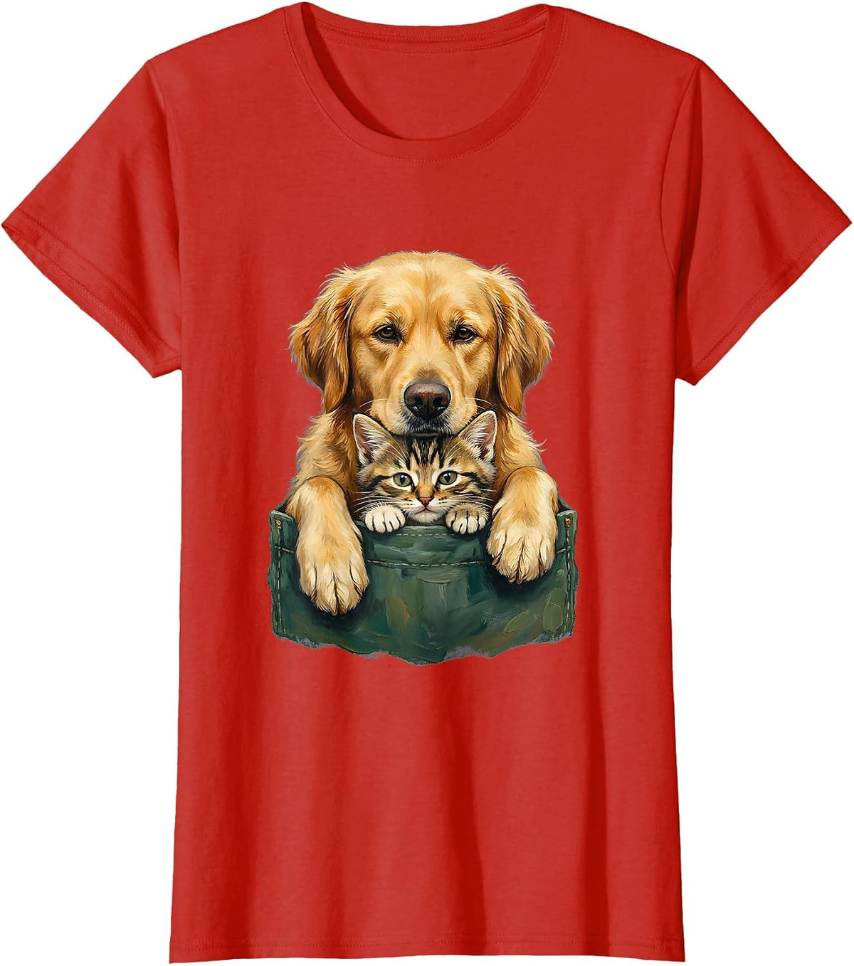 Women's Pet Pocket Peeking Cat And Dog Cute Playful Novelty T-Shirt - Red