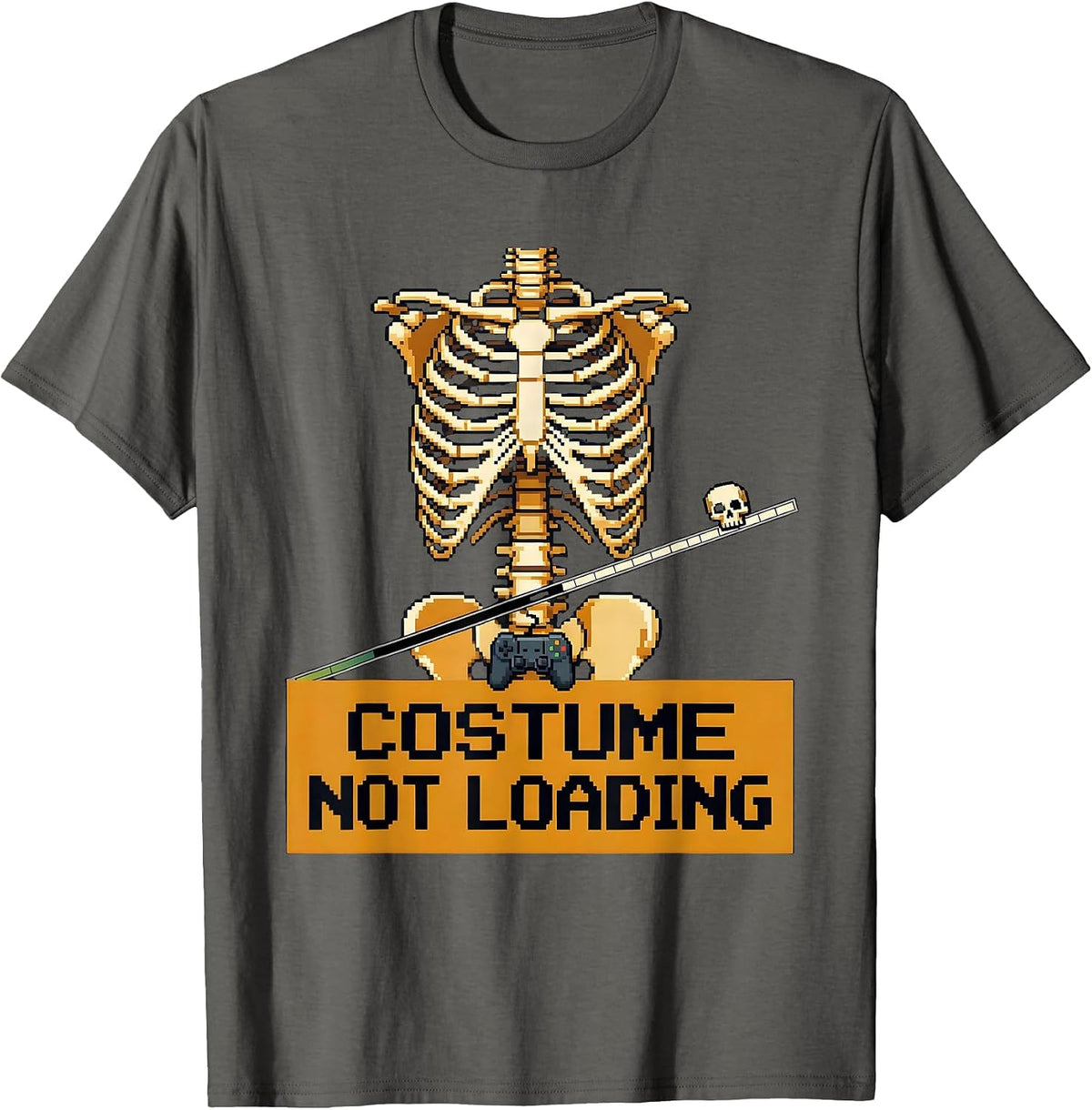 Costume Not Loading Pixel Art Halloween Skeleton Gamer Humor T-Shirt - Asphalt Grey