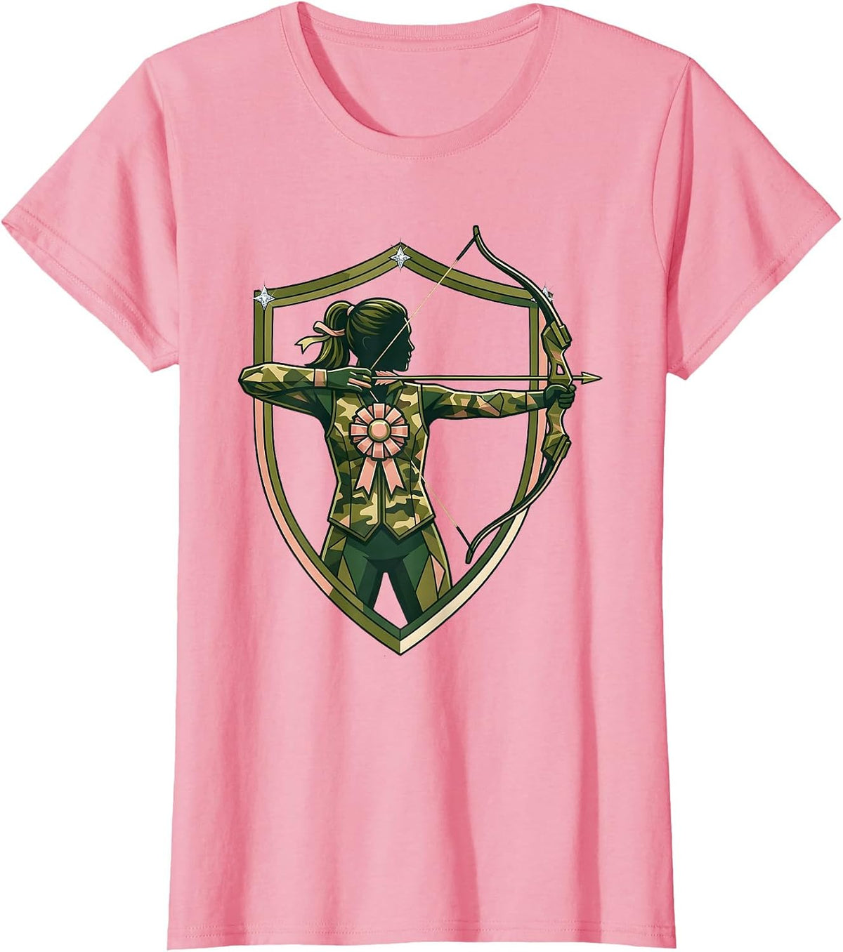 Women's Camo Archer Drawing Back Bow Illustration T-Shirt - Pink
