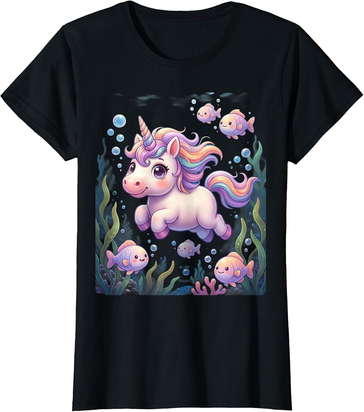 Unicorn Deep Sea Underwater Ocean Adventure Graphic T-Shirt - Black