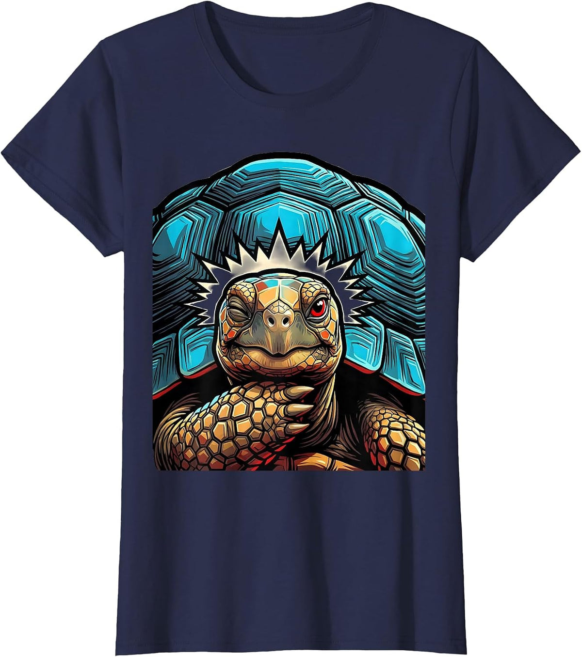 Women's Frontal Tortoise Portrait Pop Art Funny Turtle Lover T-Shirt - Navy Blue