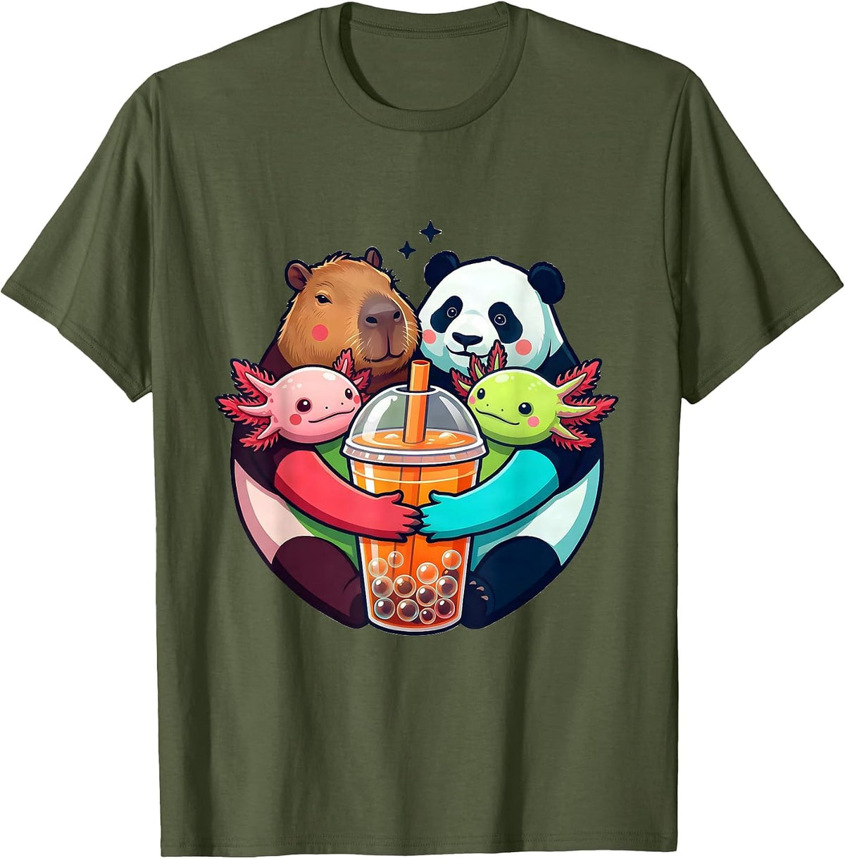Men's Cute Chibi Capybara Panda Axolotl Boba Tea Kawaii Anime T-Shirt - Olive Green
