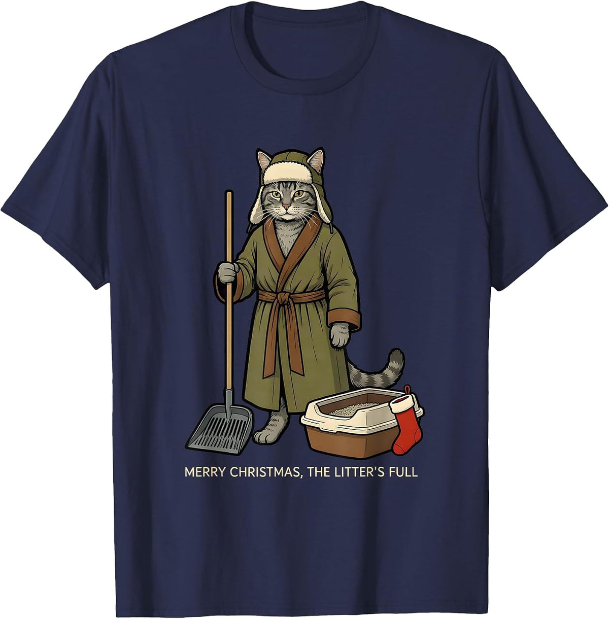 Merry Christmas The Litter's Full Funny Cat Lover Ugly T-Shirt - Navy Blue