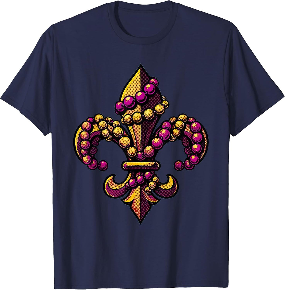 Mardi Gras Fleur-de-Lis Tangled Beads Design T-Shirt - Navy Blue