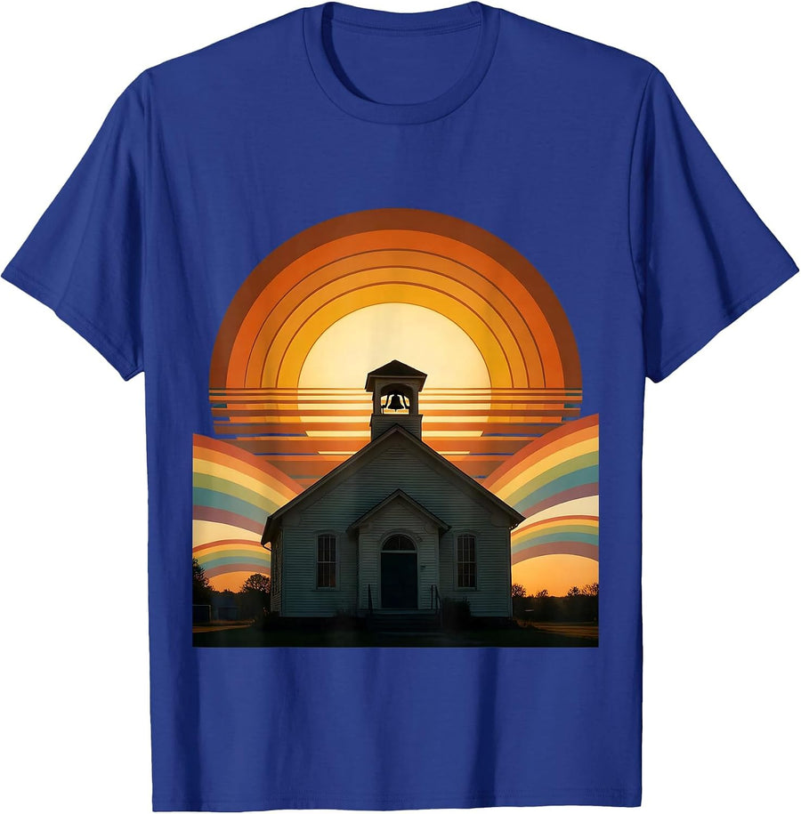 First Grade Teacher Schoolhouse Sunrise Design T-Shirt - Royal Blue