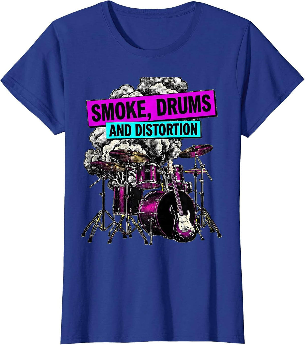 Women's Smoke Drums and Distortion 80s Rock Band Design T-Shirt - Royal Blue