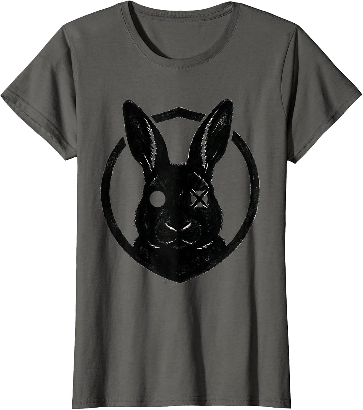Women's Circular Shield Stencil Bunny Alt Goth Horror Aesthetic T-Shirt - Asphalt Grey