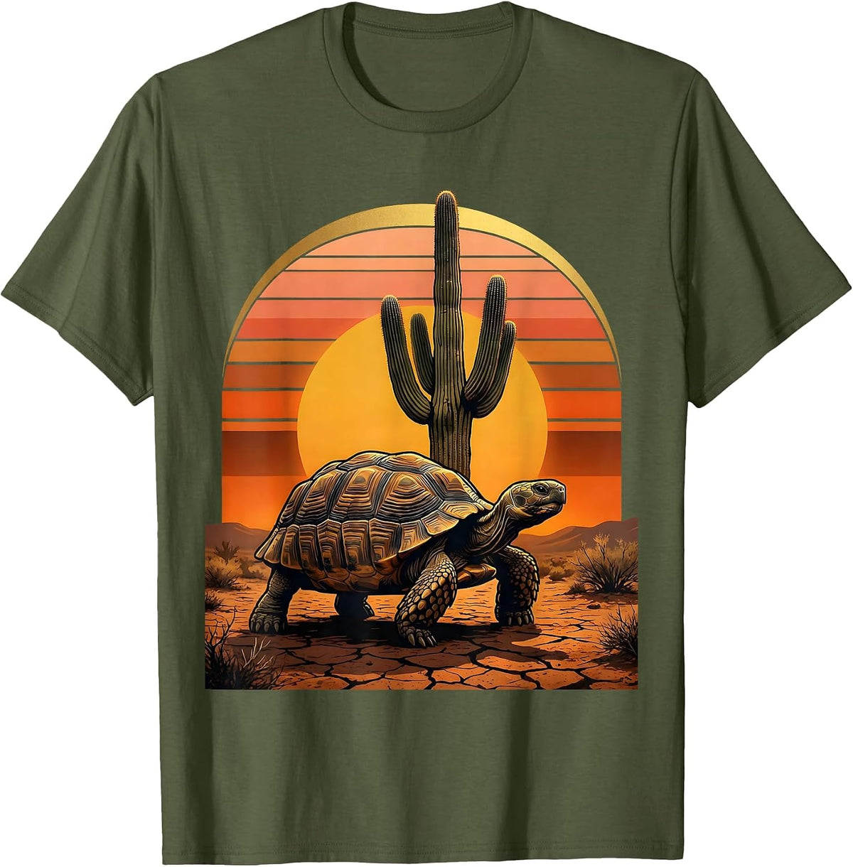 Desert Tortoise and Cactus Mexico Wildlife Art T-Shirt - Olive Green