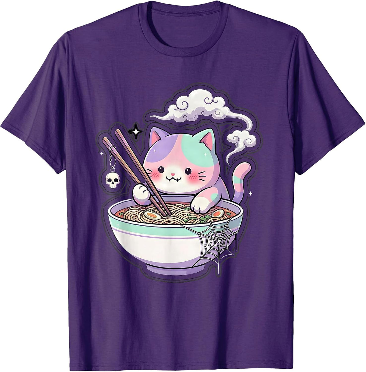 Cat Sipping Ramen Bowl With Chopsticks Graphic T-Shirt - Purple