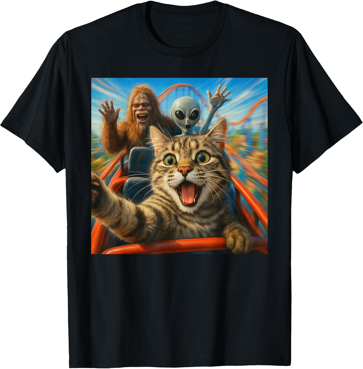 Funny Cat Selfie with Big Foot & Alien Roller Coaster Meme T-Shirt - Black
