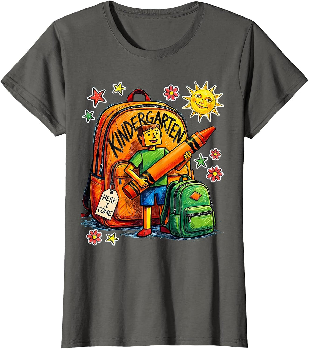 Women's Kindergarten, Here I Come Naive Kidcore Teacher Back to T-Shirt - Asphalt Grey