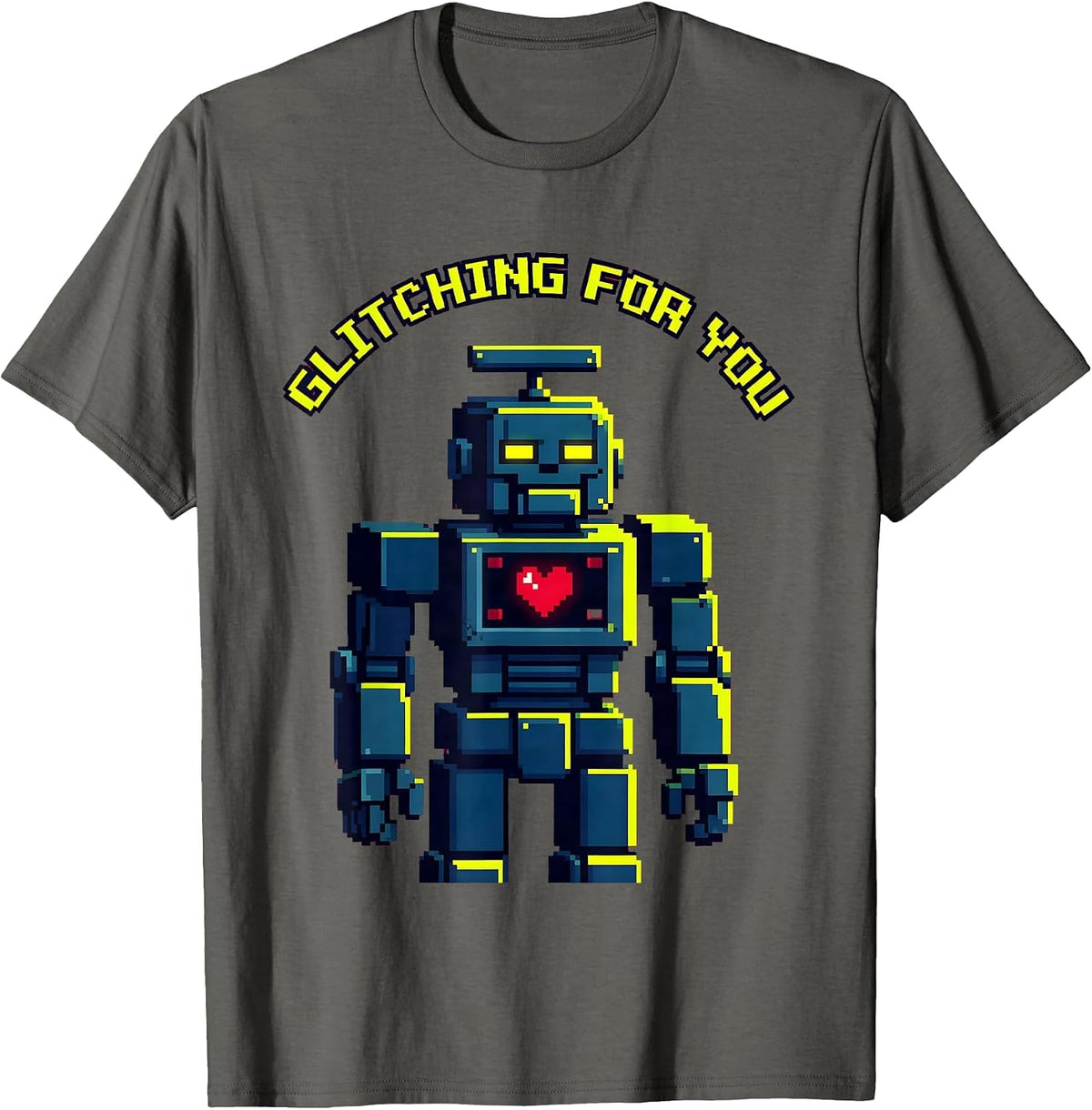 Men's Glitching For You Pixel Art Valentine Heart Robot Novelty T-Shirt - Asphalt Grey