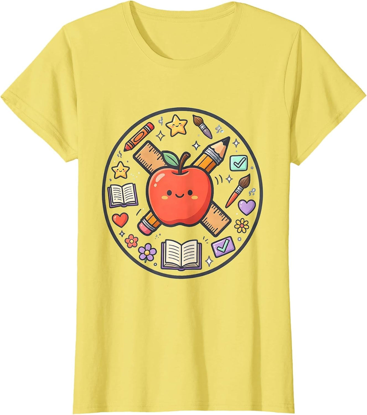 Kindergarten Teacher Apple Ruler Pencil Graphic T-Shirt - Lemon Yellow