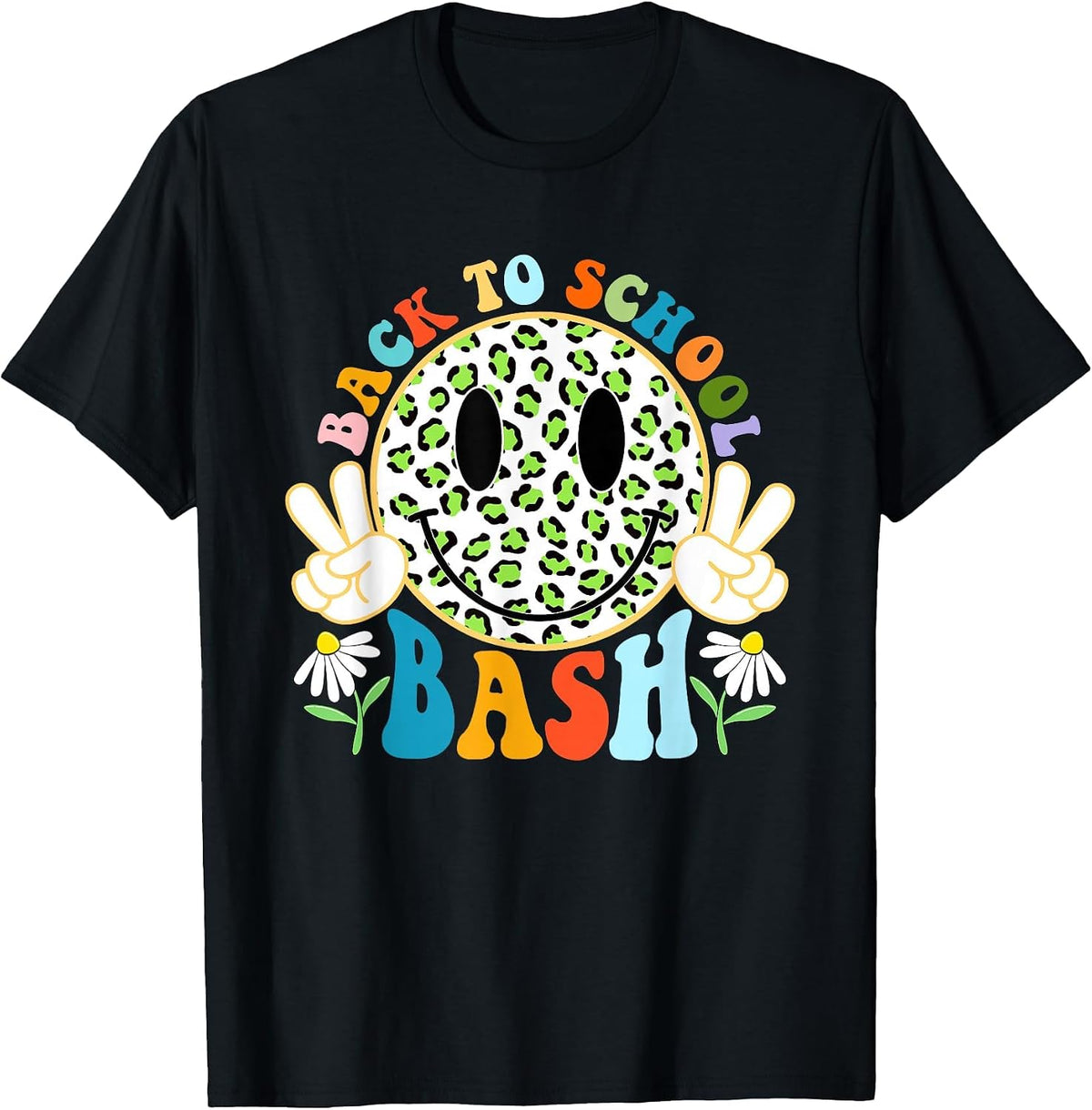 Funny Leopard Smile Face Bash Teacher Student Back to School T-Shirt - Black