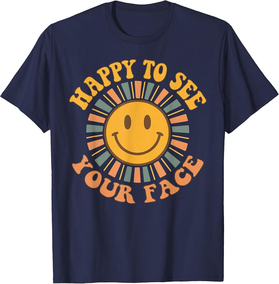 Happy to See Your Face Retro Happy Teacher Back to School T-Shirt - Navy Blue
