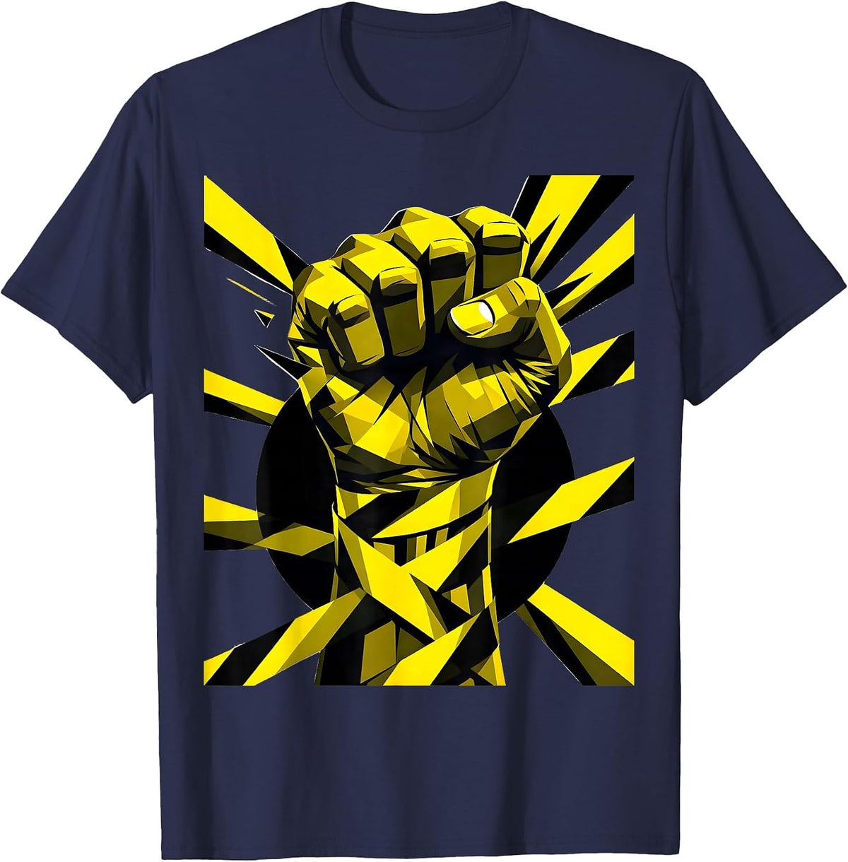 Caution Fist Yellow Black Striped Graphic T-Shirt - Navy Blue