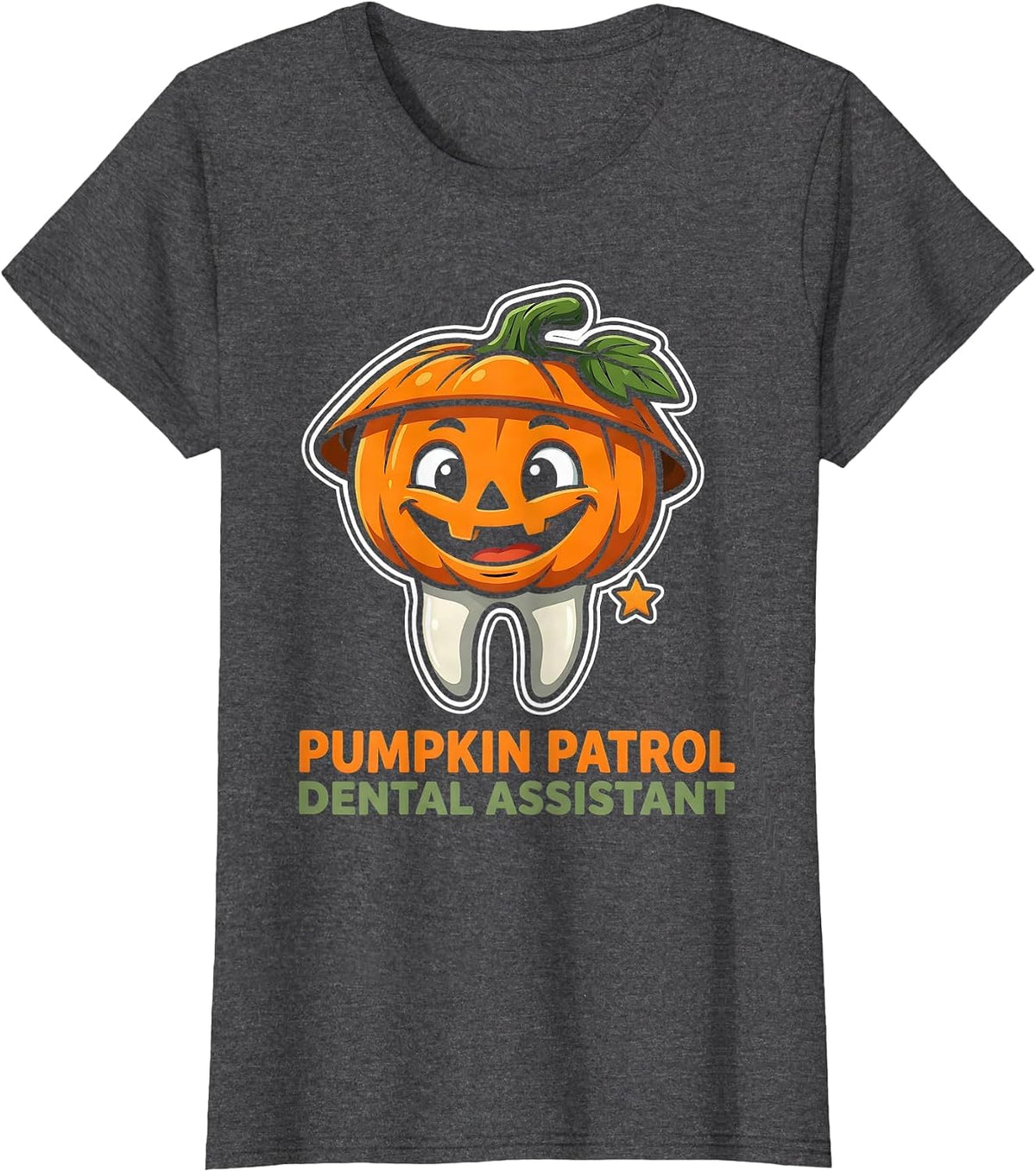 Women's Pumpkin Patrol Dental Assistant Cartoon Halloween Dental T-Shirt - Dark Heather Grey