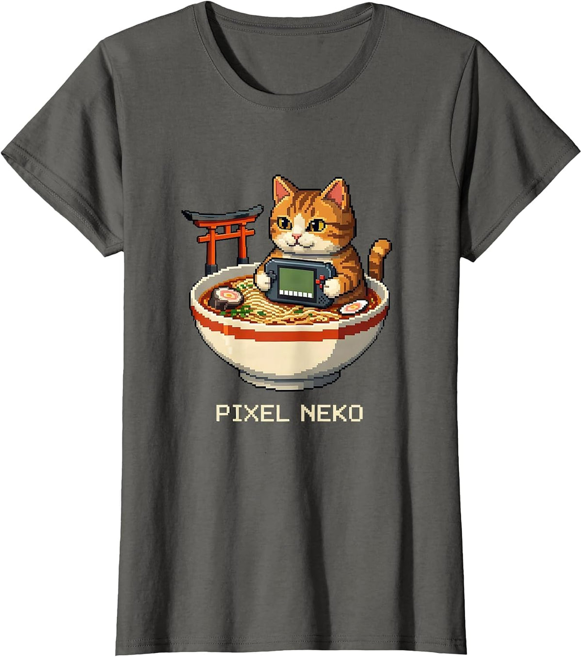 Women's Pixel Neko Funny Anime Cat Gaming Kawaii Japanese Art T-Shirt - Asphalt Grey