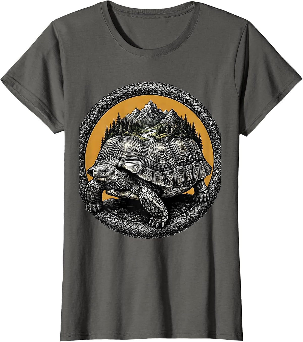 Women's Tortoise Carrying Ecosystem on Shell Nature Art T-Shirt - Asphalt Grey