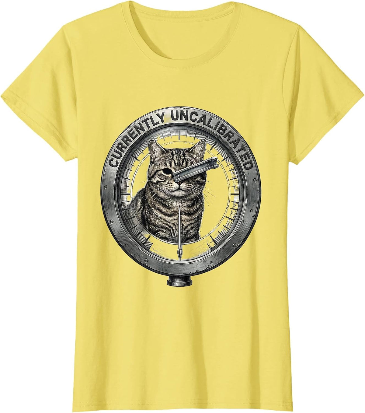 Currently Uncalibrated Funny Cat Meme Absurdist Humor T-Shirt - Lemon Yellow