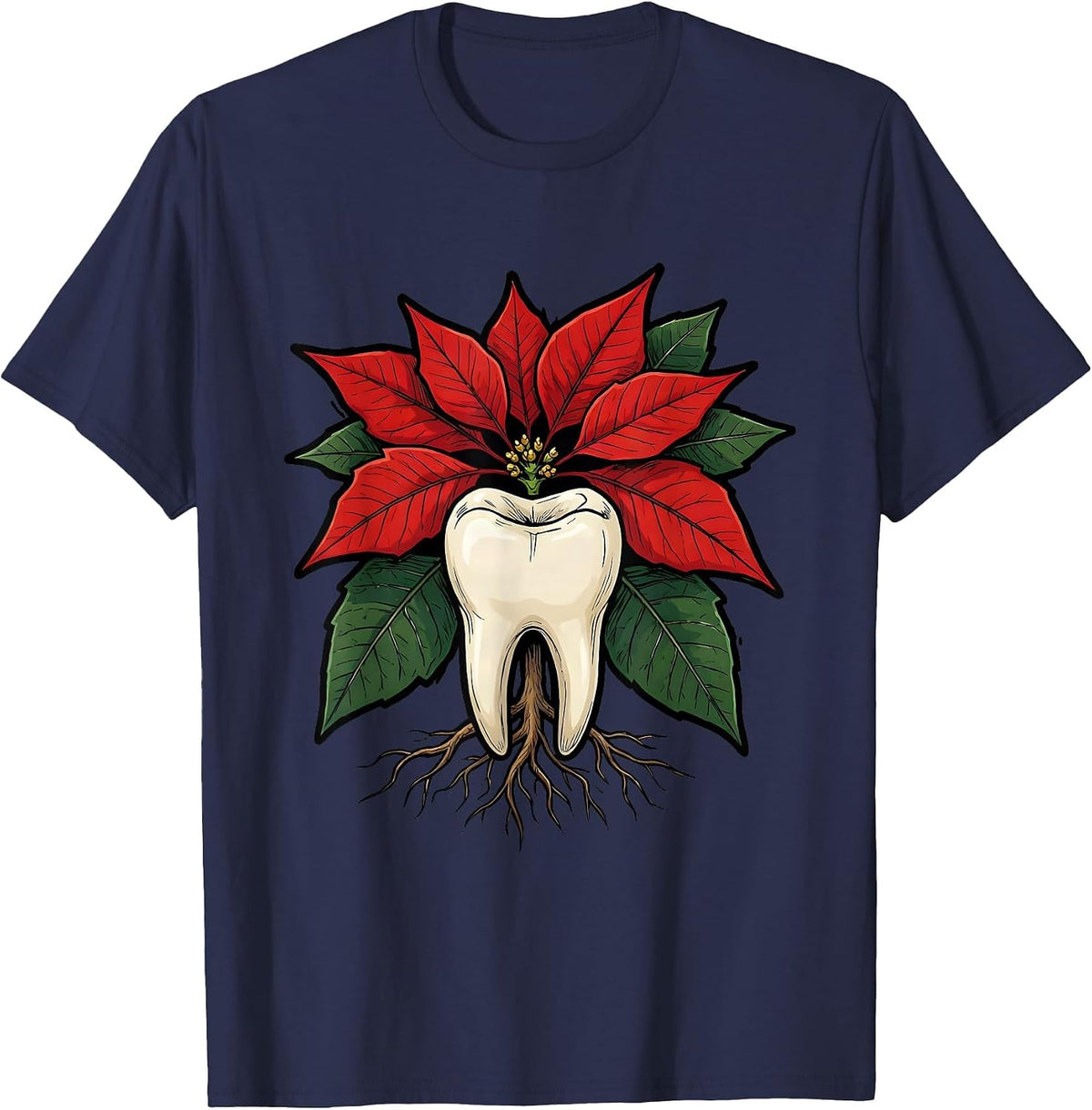 Twin-Root Poinsettia Funny Dental Christmas Dentist Humor T-Shirt - Navy Blue