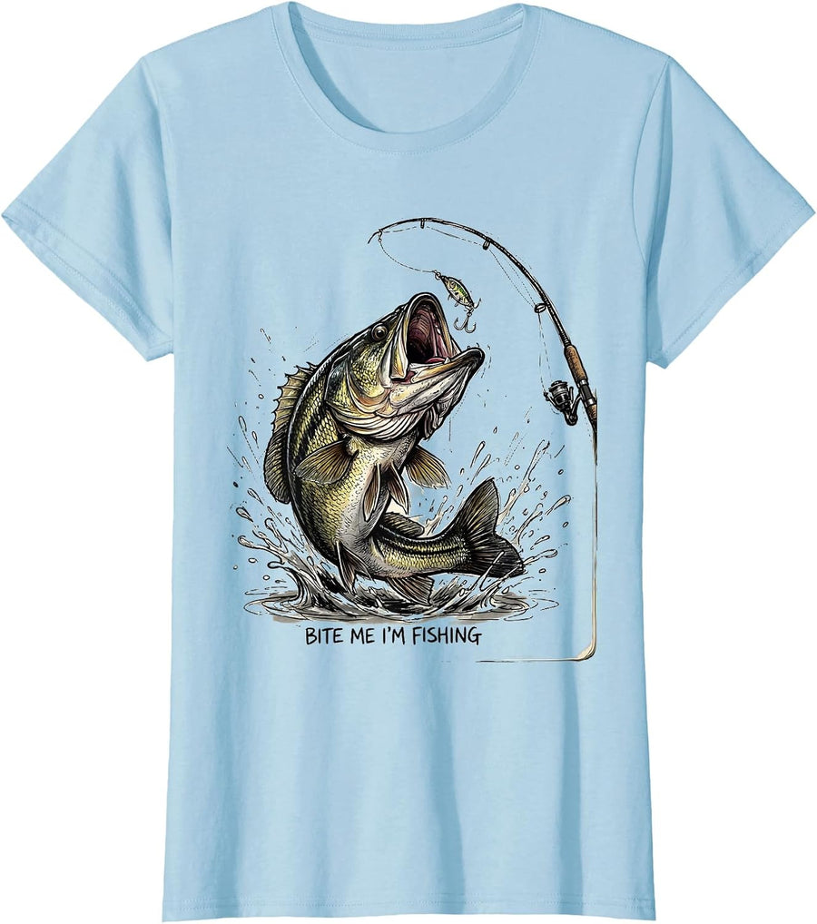 Women's Bite Me I'm Fishing Funny Angler Design T-Shirt - Baby Blue