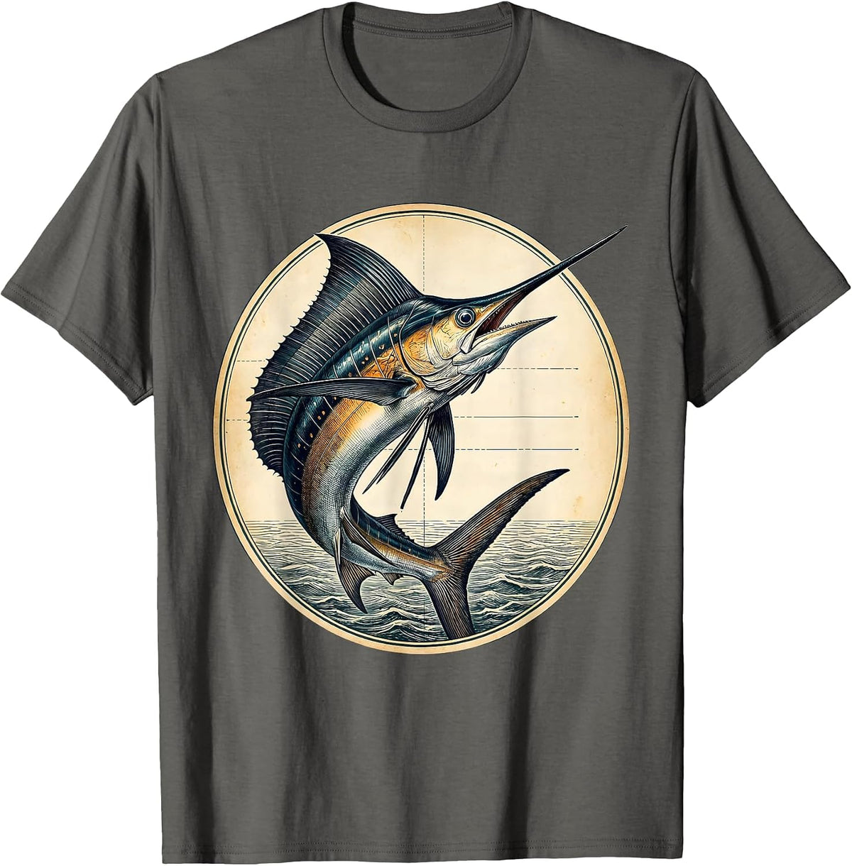 Giant Marlin Breaching Ocean Sunset Fishing Design T-Shirt - Asphalt Grey